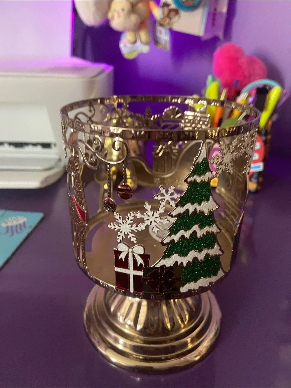 Festive Gold Metal Holiday Candle Holder with Green Tree and Red Accents